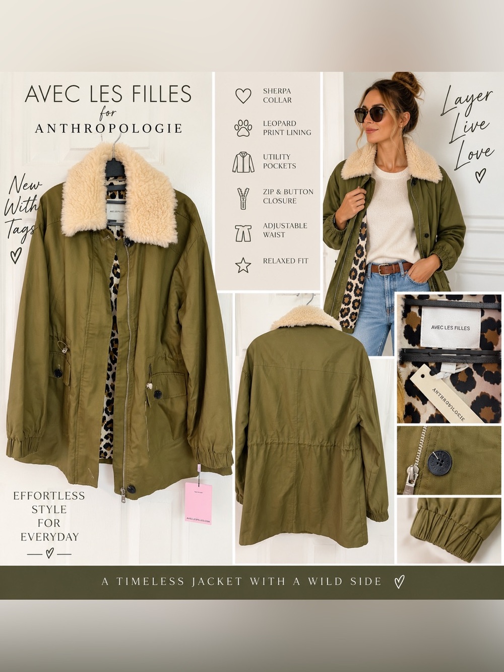 NWT Anthropologie Avec Les Filles Olive Sherpa Leopard Lined Utility Jacket